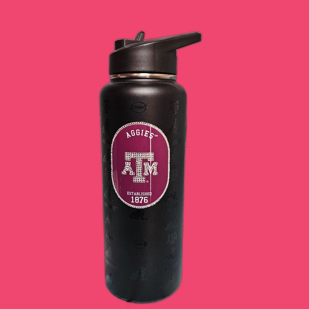 Texas A&M Aggies Rhinestone Logo Water Bottle Black 32oz Flip Lid New NCAA